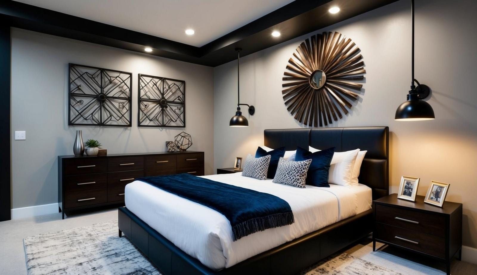 A sleek, modern bedroom with industrial metal wall art and a sophisticated man cave atmosphere