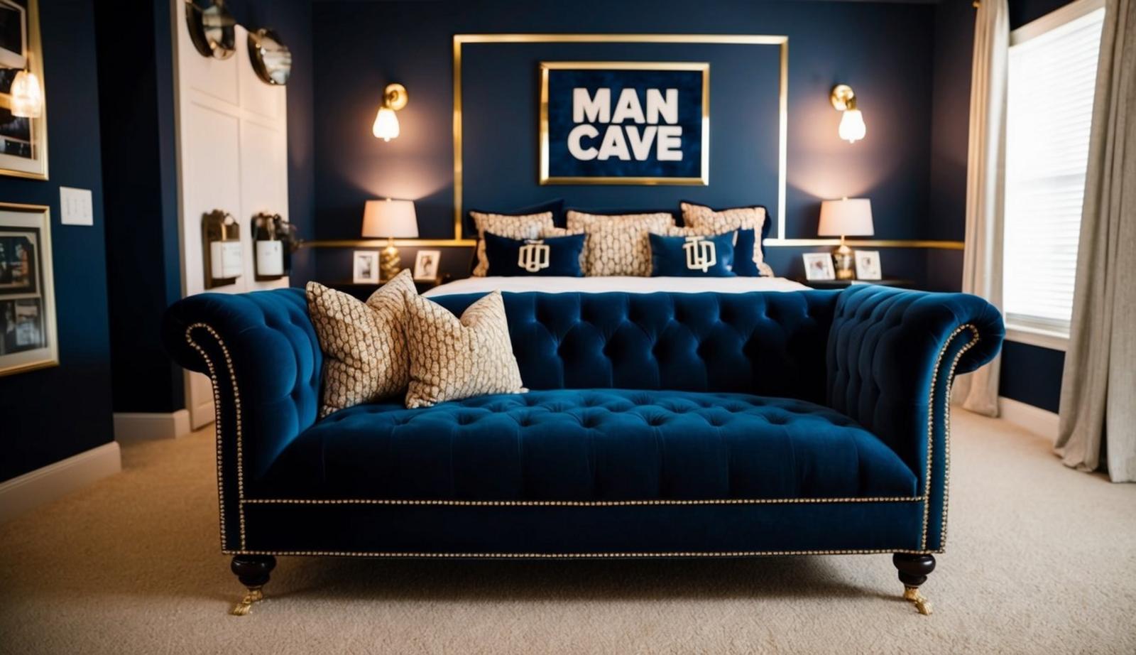 A plush velvet sofa sits in a classy man cave bedroom