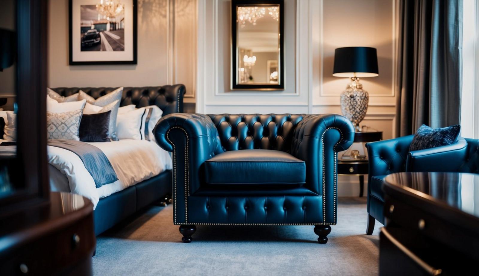 A Chesterfield armchair sits in a classy man cave bedroom, surrounded by elegant decor and luxurious furnishings