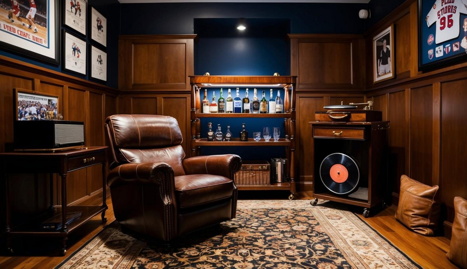 A leather recliner, a mahogany bar cart, and a vintage record player in a dimly lit, wood-paneled room with plush area rugs and framed sports memorabilia
