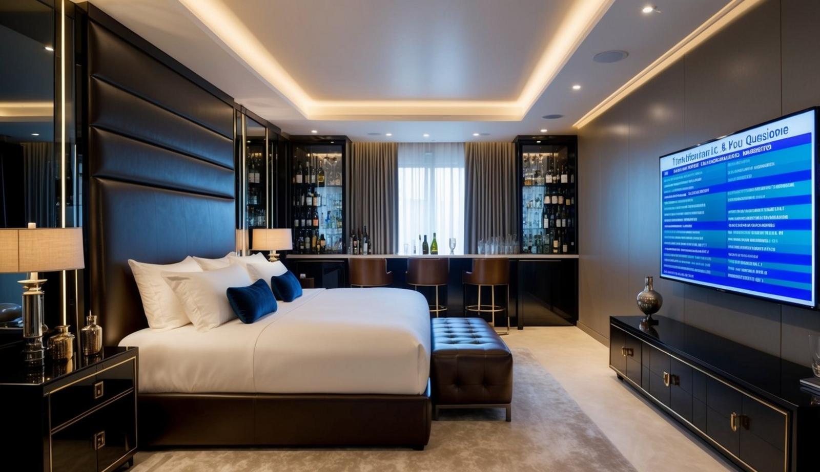 A sleek and modern bedroom with luxurious leather furniture, a well-stocked bar, and a large screen TV displaying a list of frequently asked questions