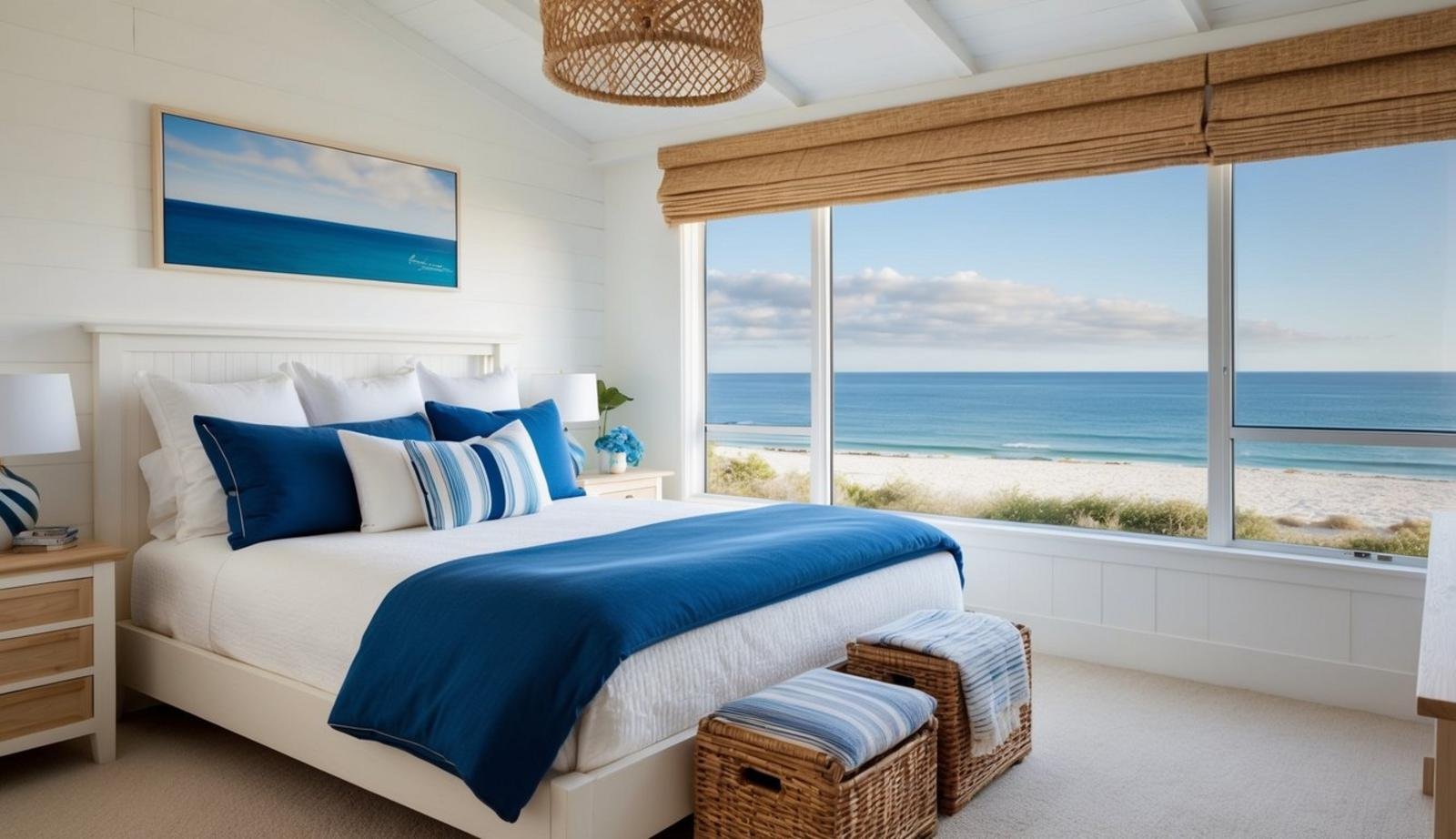 A cozy coastal bedroom with a view of the ocean and sandy beach. White walls, light wood furniture, and nautical decor