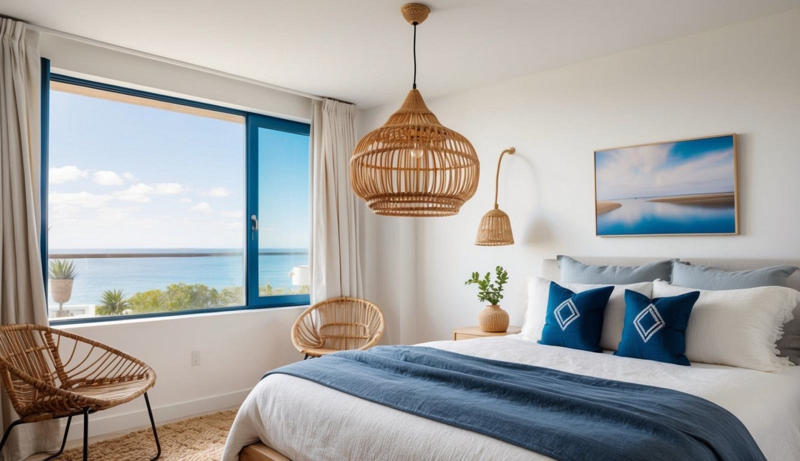 A coastal bedroom apartment with a rattan pendant light hanging above the bed