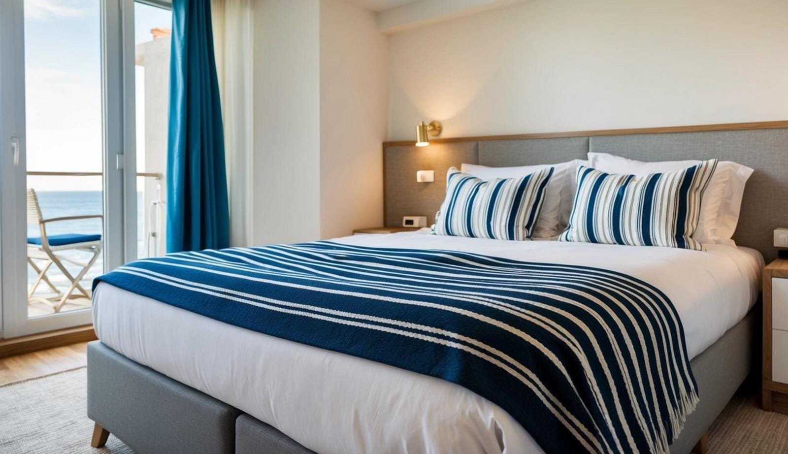 A cozy coastal bedroom with a nautical striped throw blanket draped over a bed in a seaside apartment