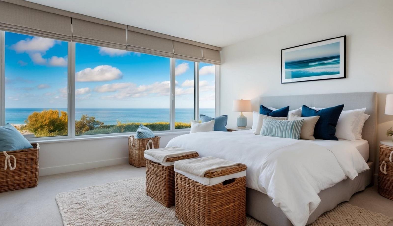 A coastal bedroom apartment with wicker storage baskets