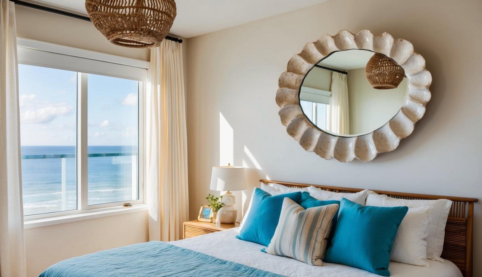 A large oyster shell mirror hangs above a coastal-themed bedroom in a sunny apartment