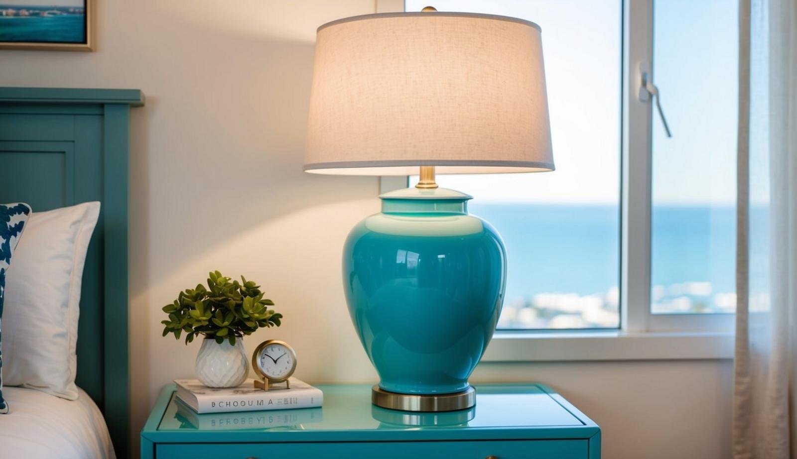 A turquoise ceramic table lamp sits on a bedside table in a coastal-themed bedroom apartment