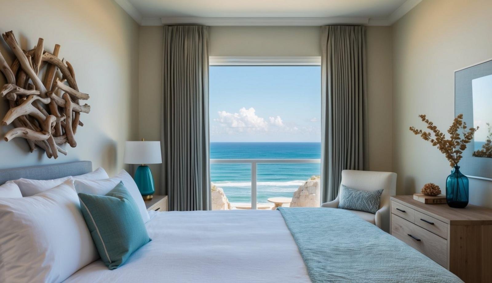 A serene coastal bedroom with driftwood wall art and ocean view