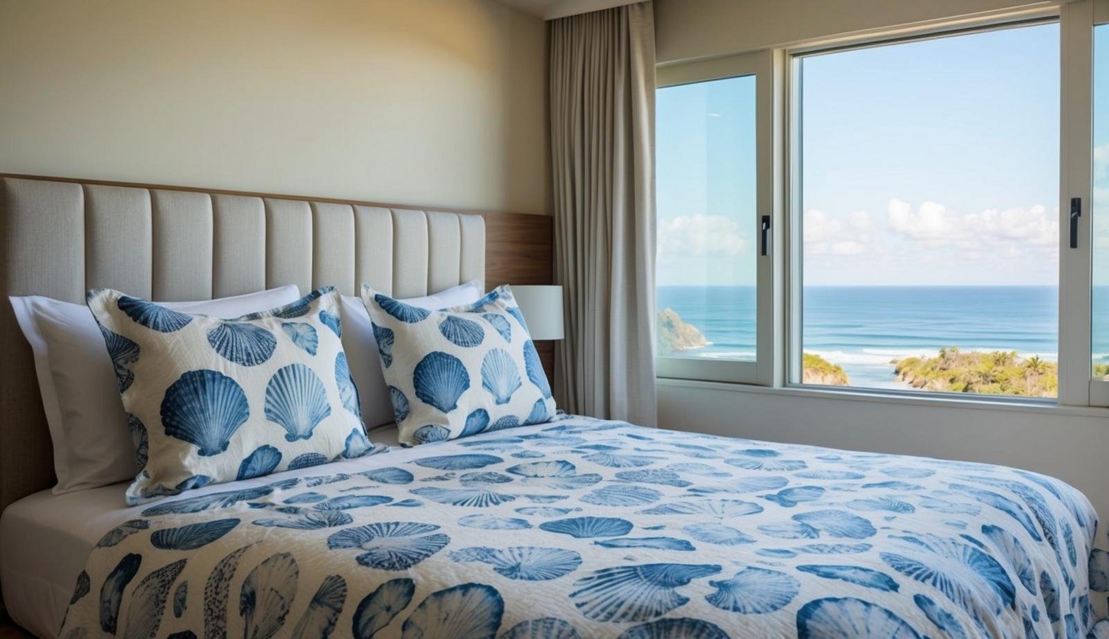 A cozy coastal bedroom with a seashell-patterned duvet cover on the bed, overlooking the ocean from a large window