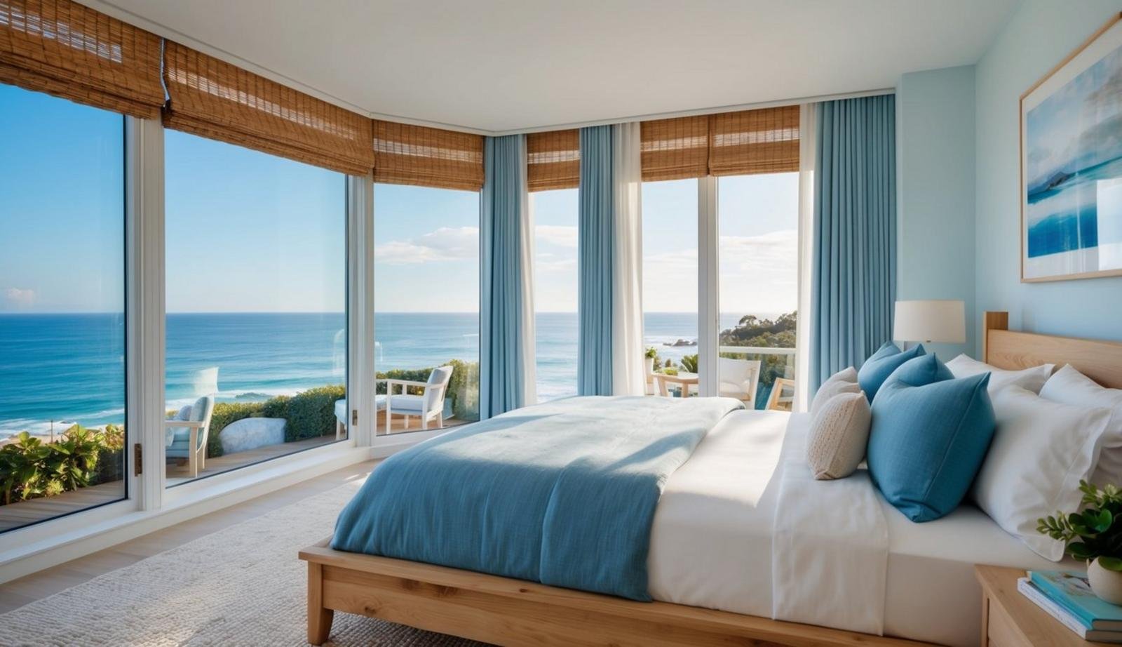 A cozy coastal bedroom with a large window overlooking the ocean, a soft blue and white color scheme, and natural wood furniture