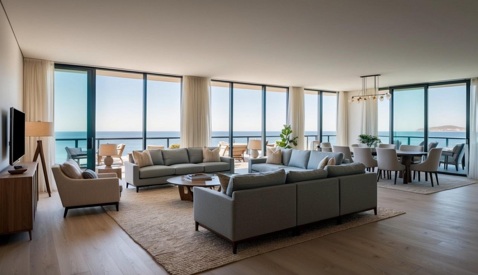 A spacious 7-bedroom coastal apartment with cleverly arranged furniture to maximize space