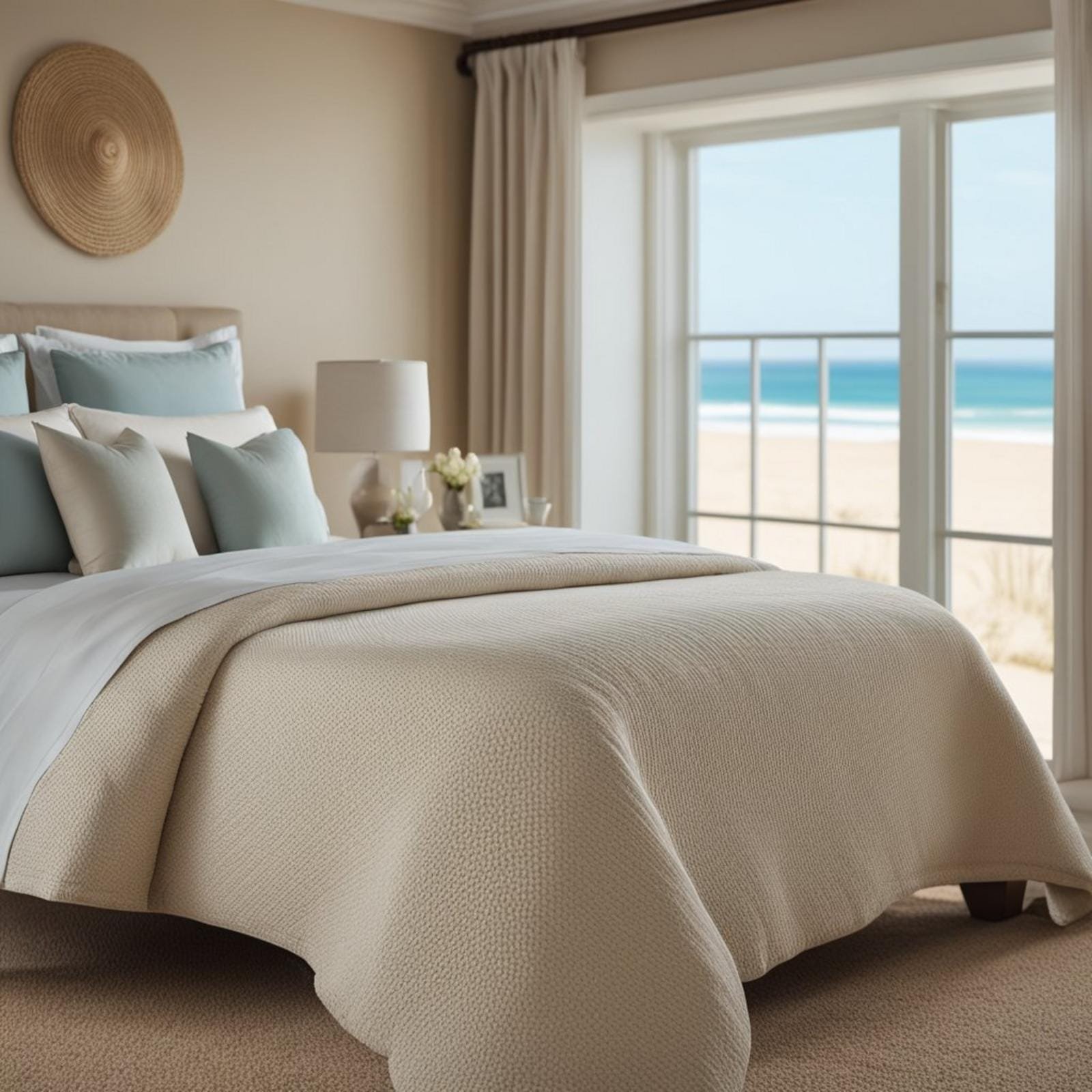 A coastal bedroom with a sandy-colored carpet, seashell decor, and a view of the ocean through a window