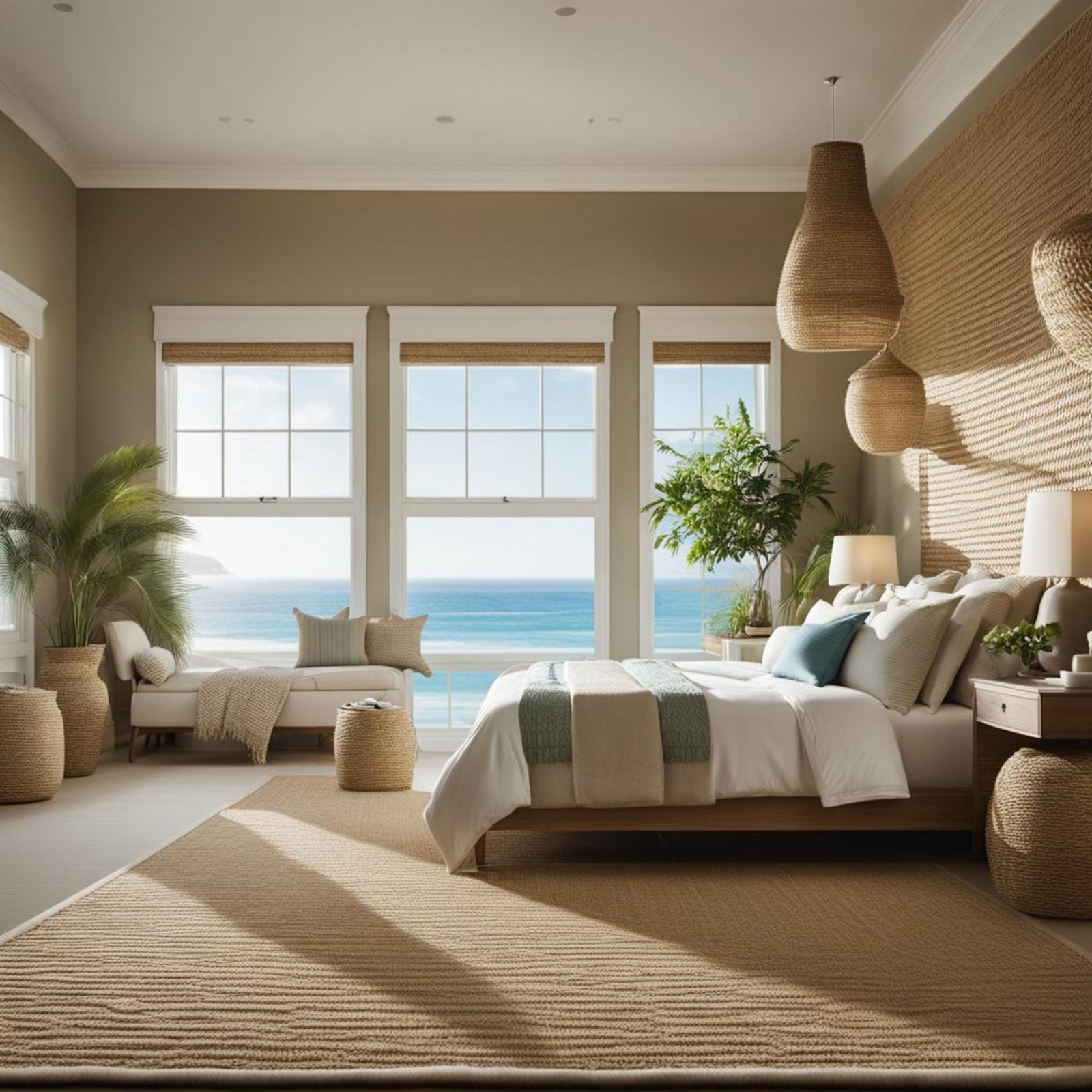 A coastal bedroom with a Seagrass Natural Sisal Carpet, light streaming in through a window, and a hint of ocean breeze in the air