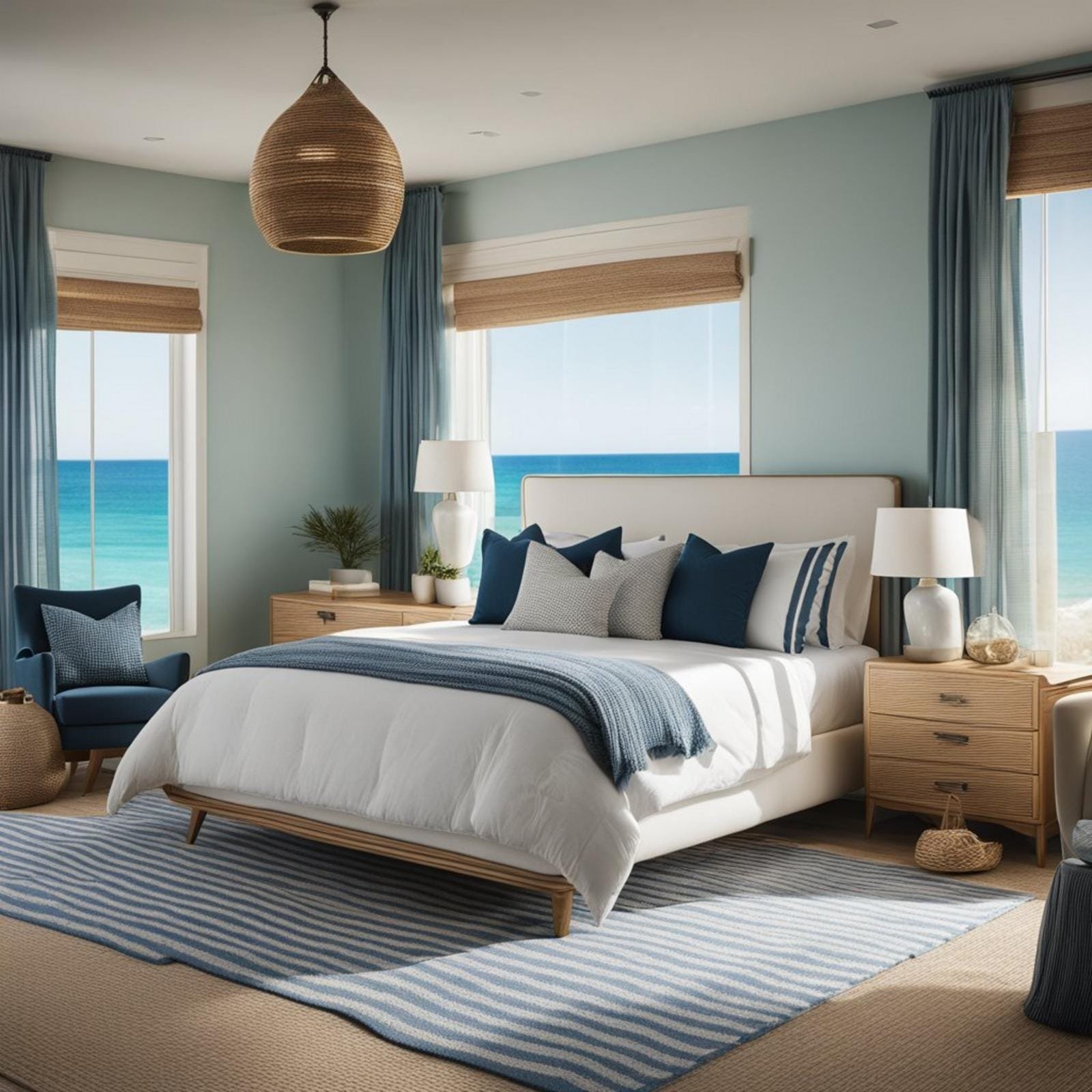 A coastal bedroom with nautical stripe Berber carpet, ocean-inspired decor, and natural light streaming in through the window