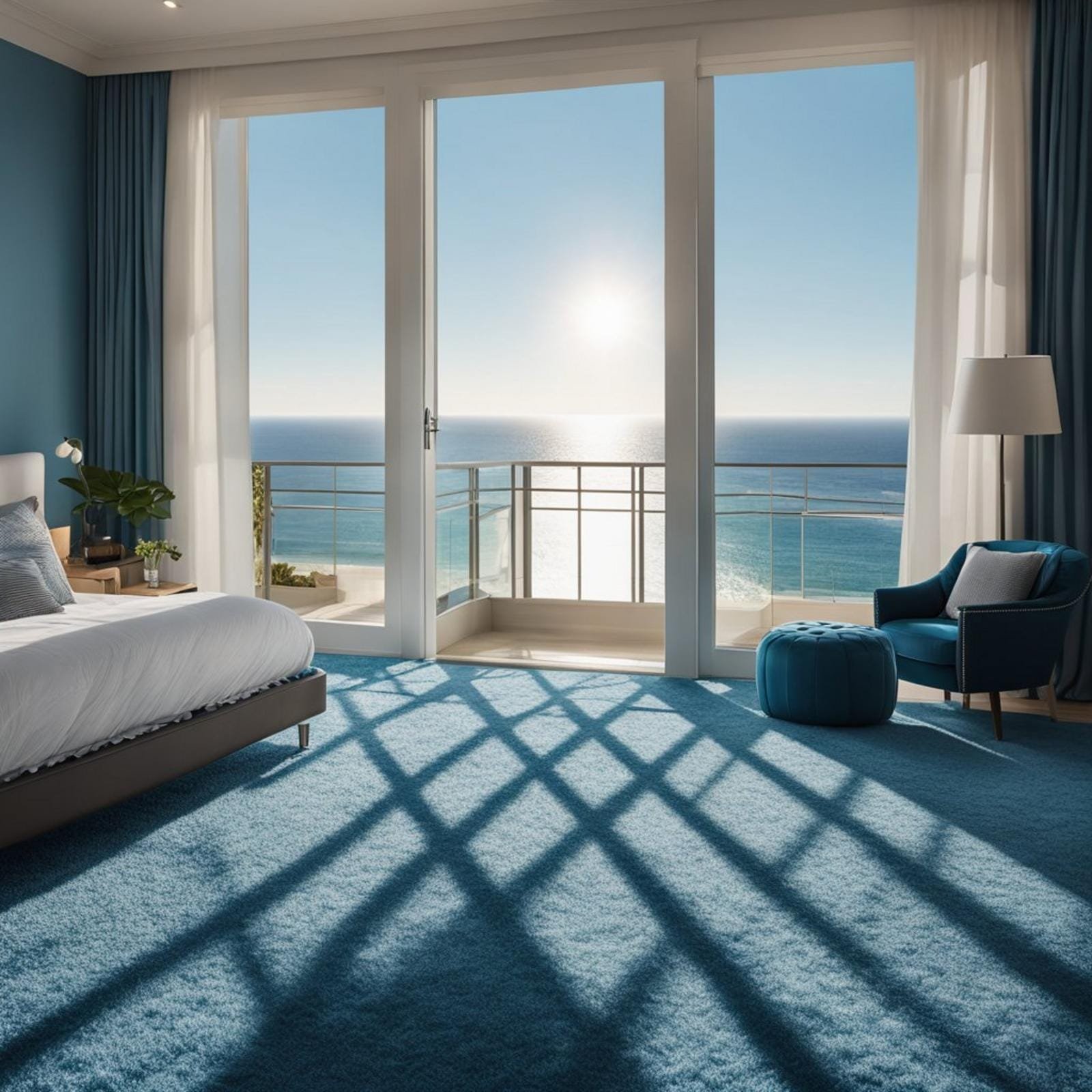 A coastal bedroom with a plush blue chenille carpet, sunlight streaming through the window, and a view of the ocean