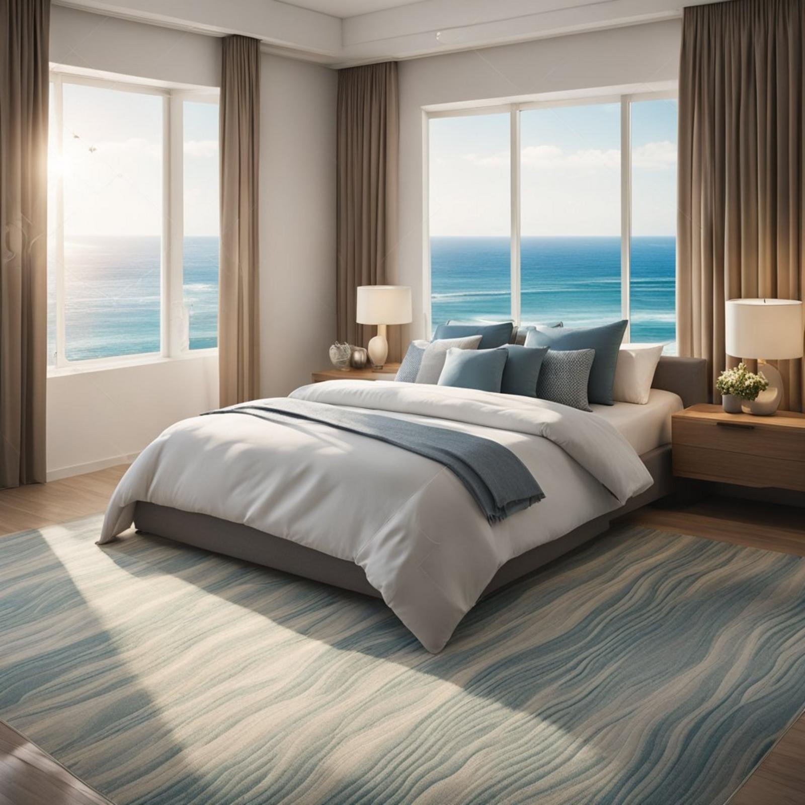 A coastal bedroom with a wave patterned carpet, sunlight streaming through the window, and a view of the ocean