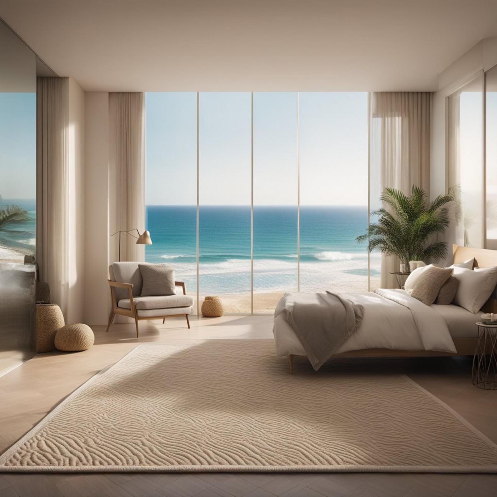 A coastal bedroom with sand dunes textured carpet and ocean view