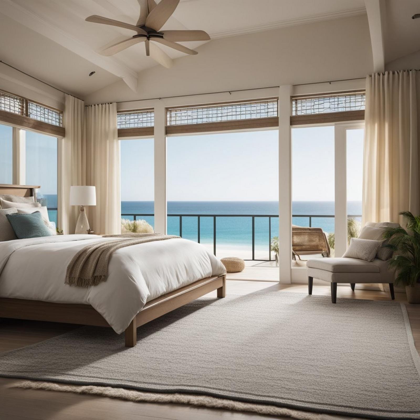 A cozy coastal bedroom with a Beach House Frieze Carpet, featuring a serene beachfront view through large windows