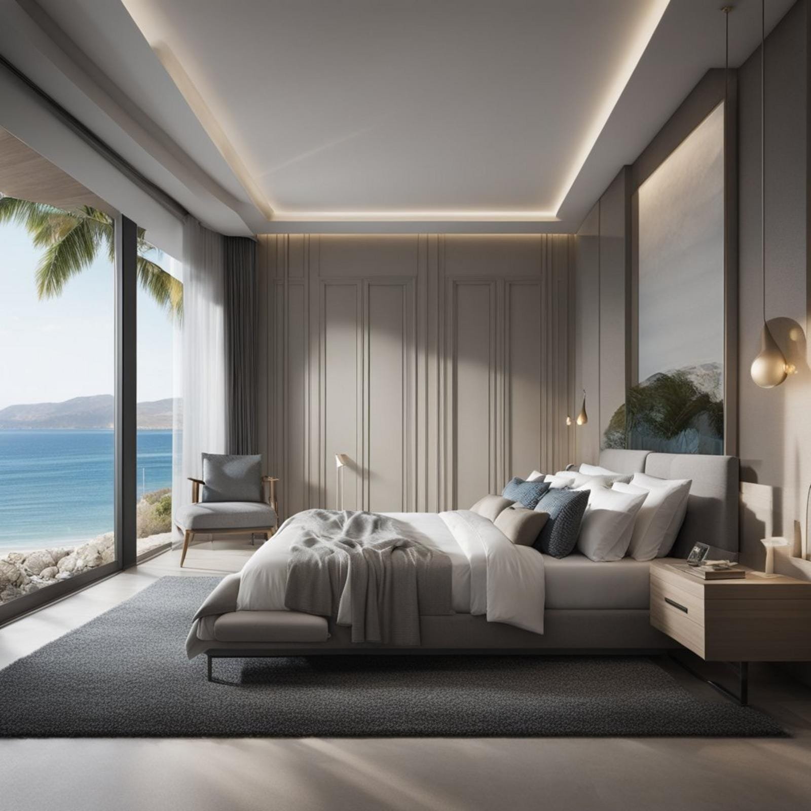 A coastal bedroom with pebble grey textured carpet, featuring soft lighting and a view of the ocean through a large window