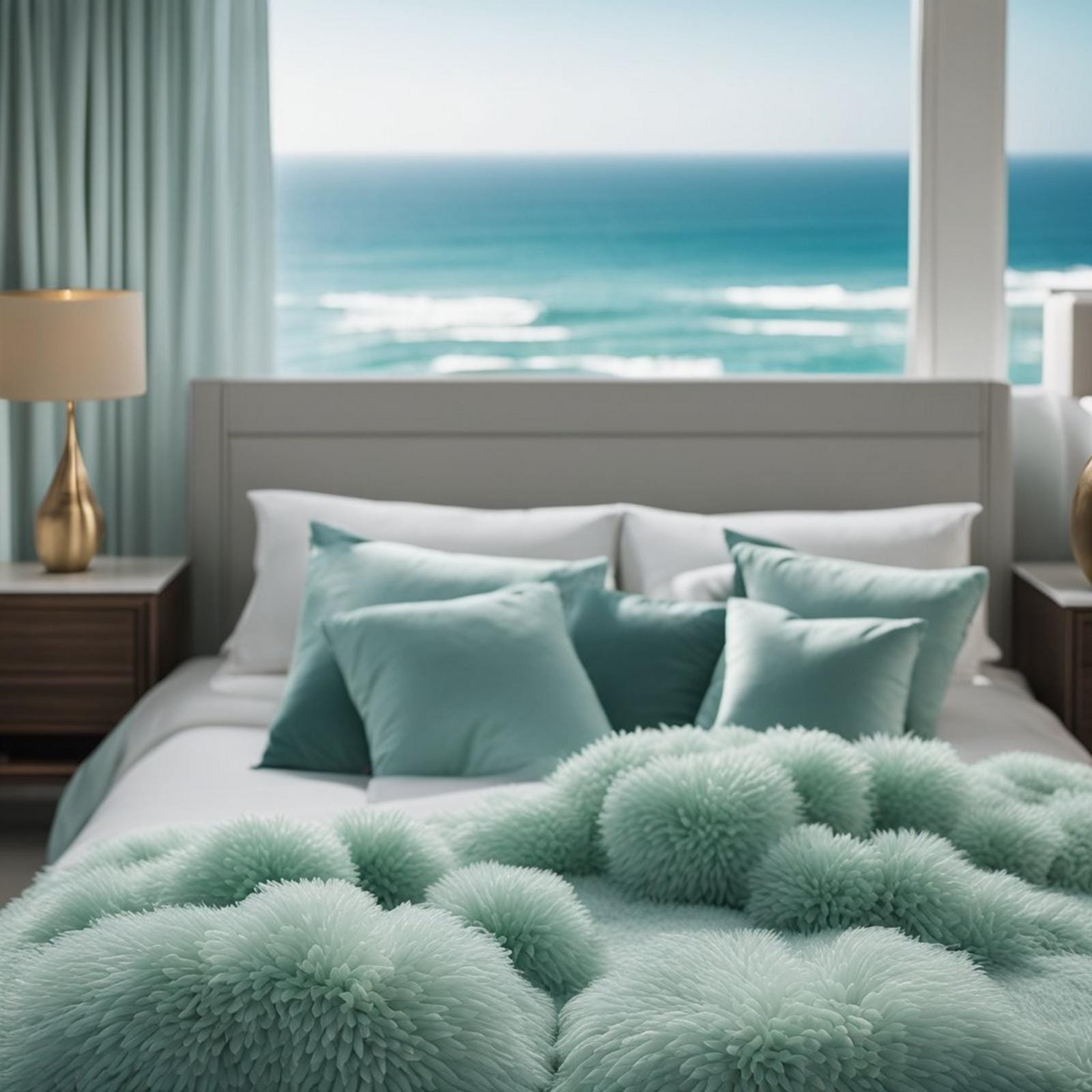 A serene coastal bedroom with calming seafoam plush carpet, overlooking the ocean