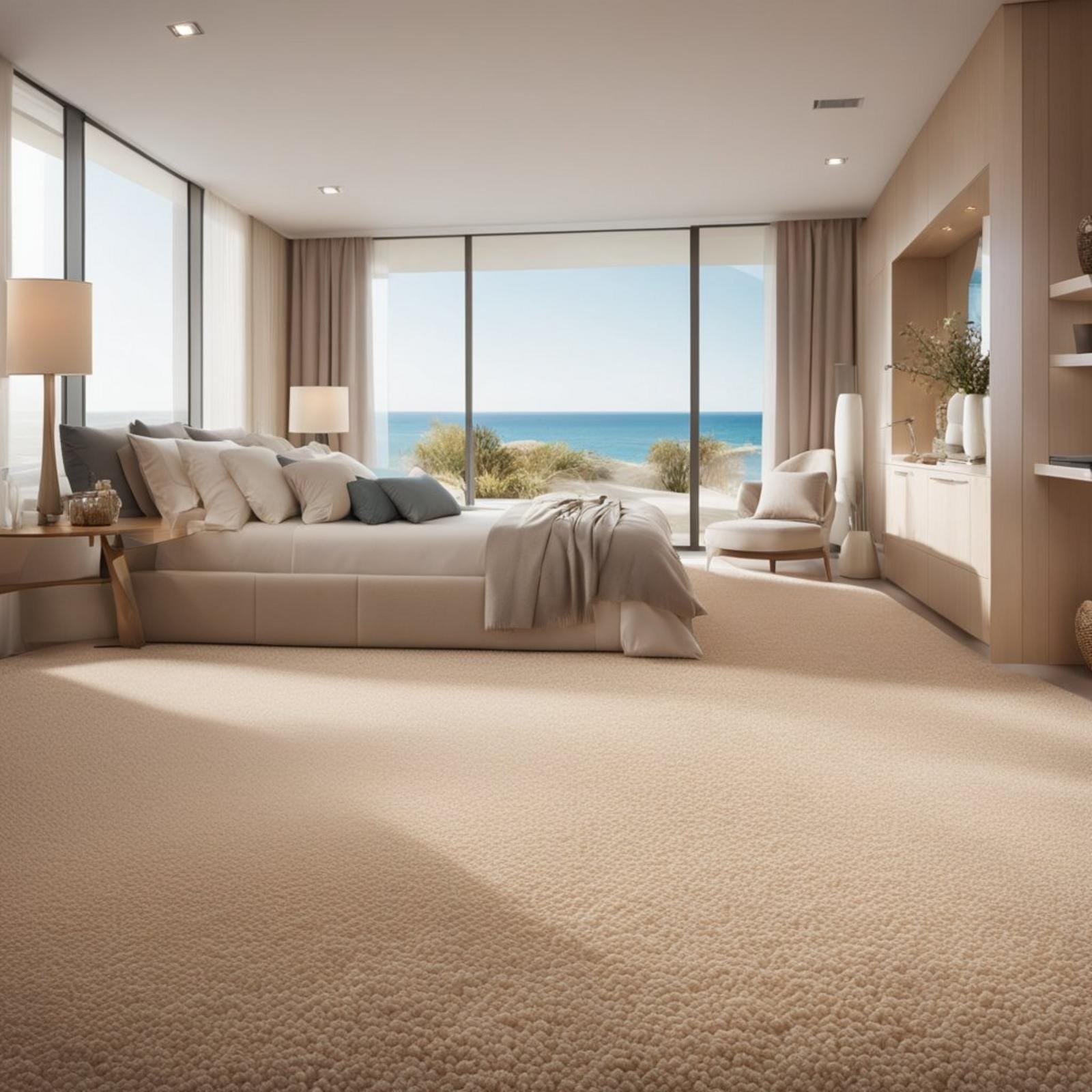 A sunlit coastal bedroom with coral beige cut pile carpet