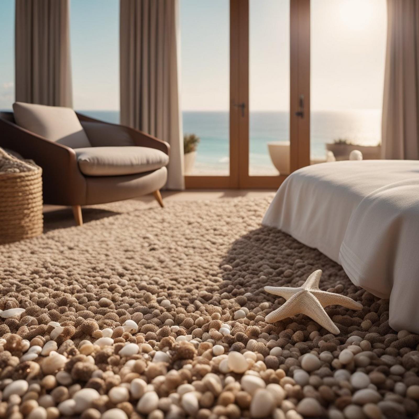 A cozy coastal bedroom with driftwood brown Berber carpet, adorned with seashell decor and a view of the ocean