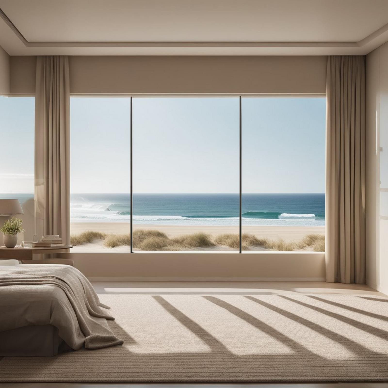 A bedroom with a large window overlooking the ocean, featuring a soft, sandy-colored carpet with a subtle wave pattern