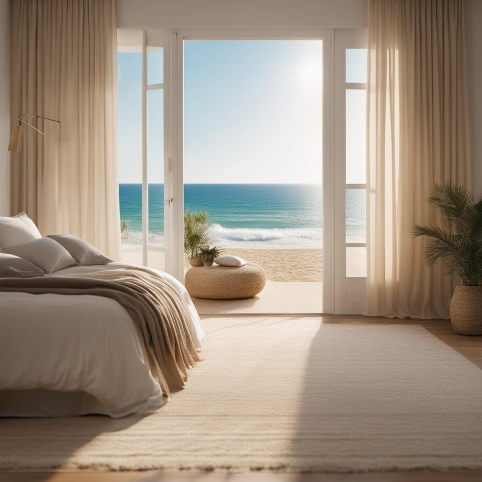 A coastal bedroom with a sandy-colored carpet, sunlight streaming through open windows, and a gentle sea breeze wafting in