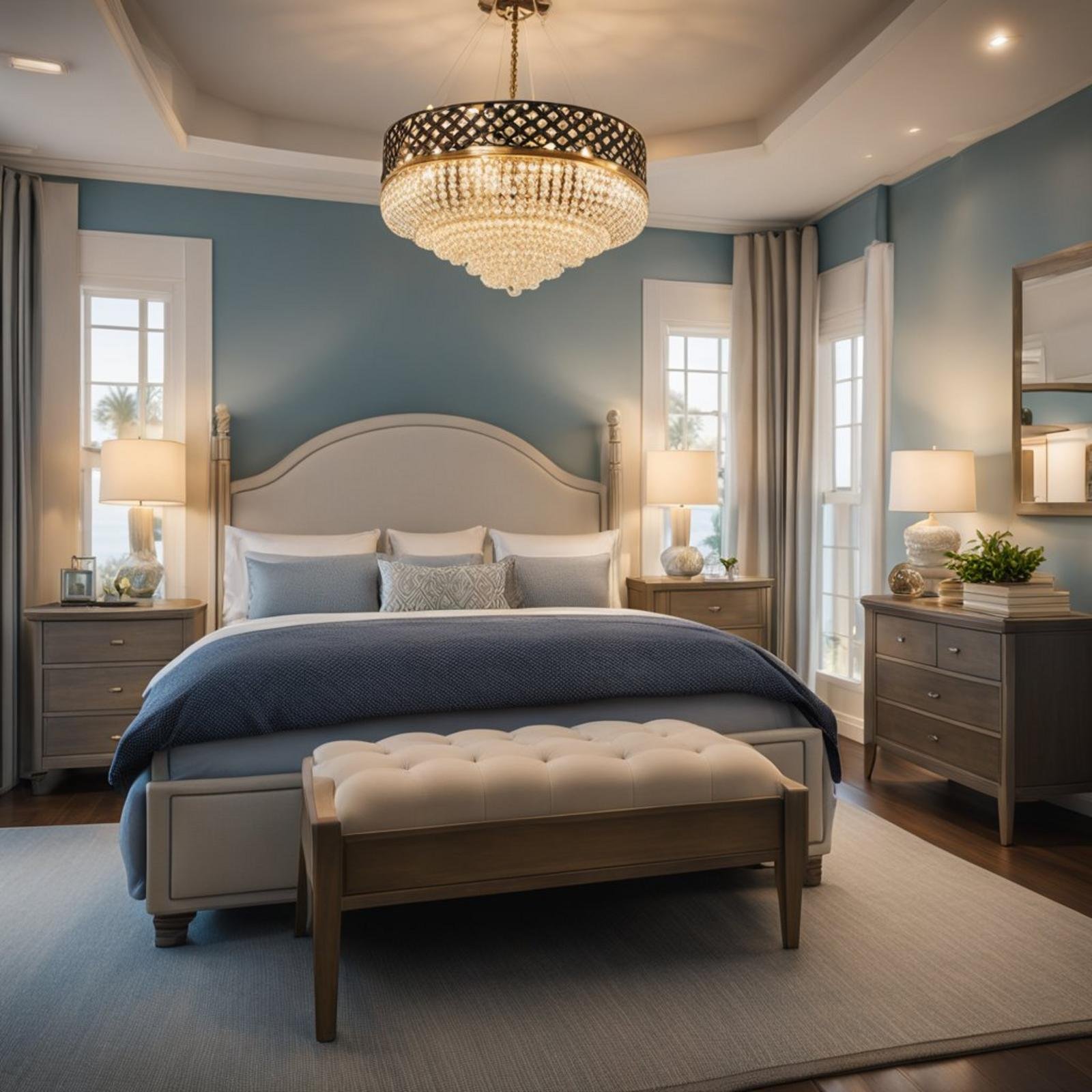 7 coastal bedroom chandelier (bright ideas) 2 A coastal bedroom chandelier hangs above a bed, casting a warm glow on the room's nautical decor