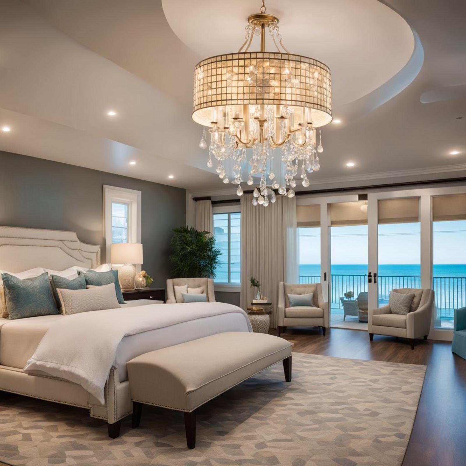 7 coastal bedroom chandelier (bright ideas) 3 A coastal-themed bedroom with a Crystorama Hampton 5-Light Chandelier hanging from the ceiling, casting a warm and inviting glow over the room