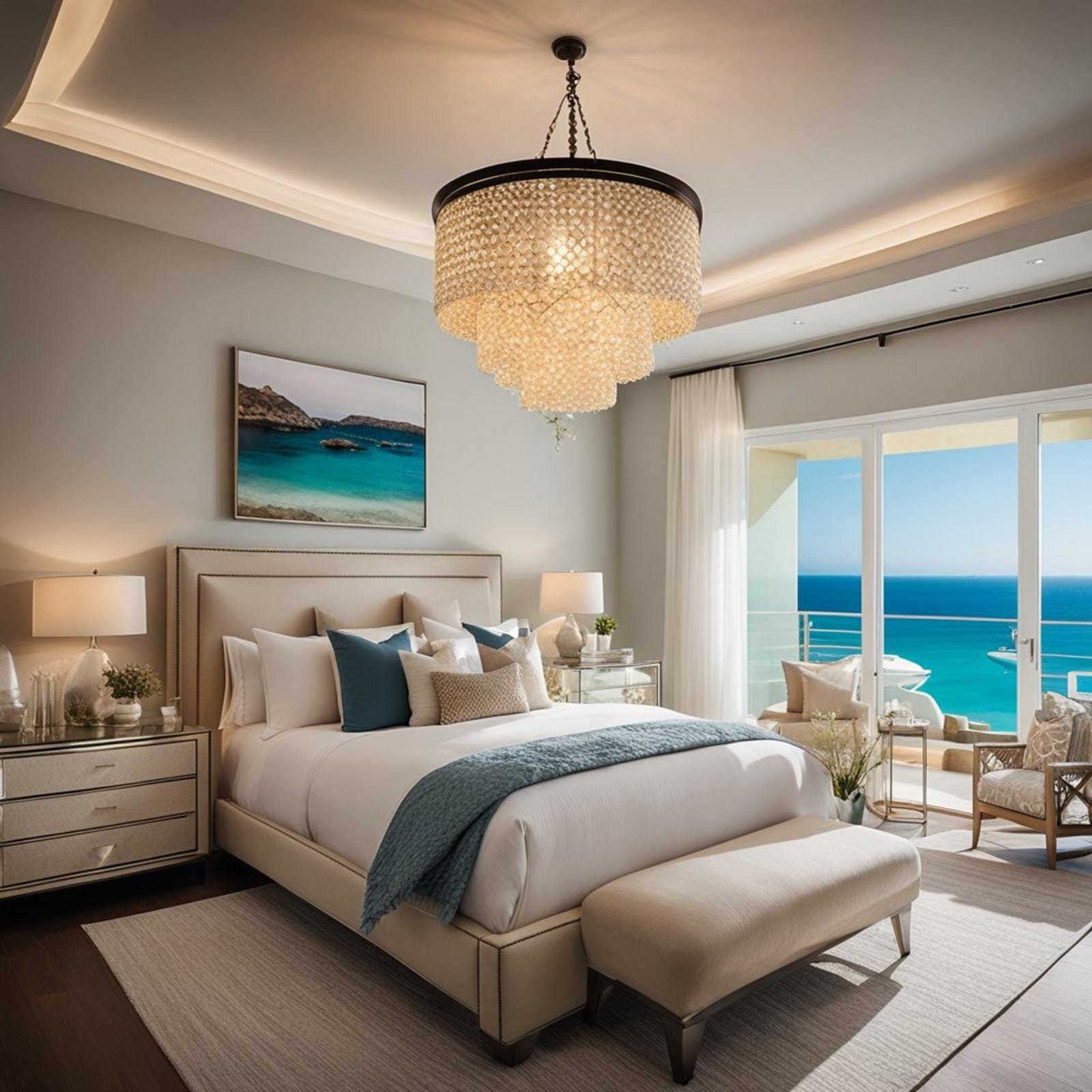 7 coastal bedroom chandelier (bright ideas) 4 A serene coastal bedroom with a Z Gallerie Capri Chandelier hanging from the ceiling, casting a warm and inviting glow over the room