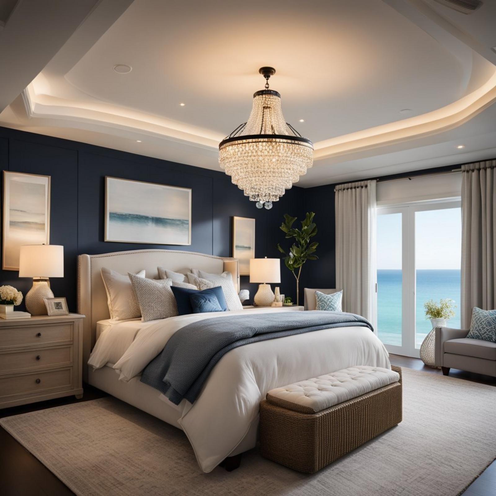 7 coastal bedroom chandelier (bright ideas) 5 A coastal bedroom with a Pottery Barn Clarissa Crystal Chandelier hanging from the ceiling, casting a warm and elegant glow over the room