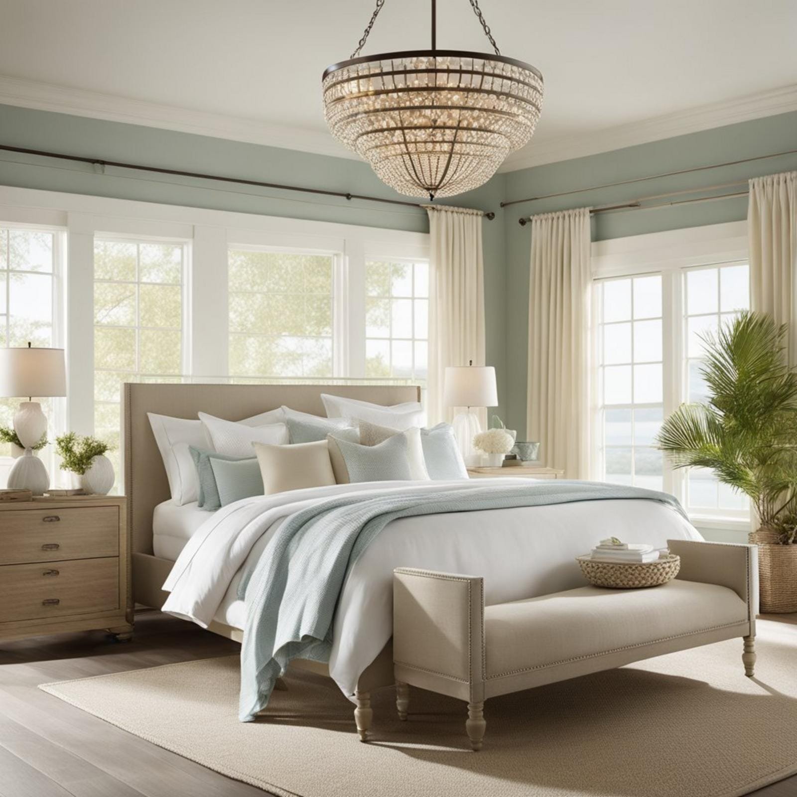 7 coastal bedroom chandelier (bright ideas) 7 A coastal bedroom with a Ballard Designs Eldridge Rectangular Chandelier hanging above a bed with soft, neutral-colored bedding and light, airy curtains billowing in the breeze from an open window