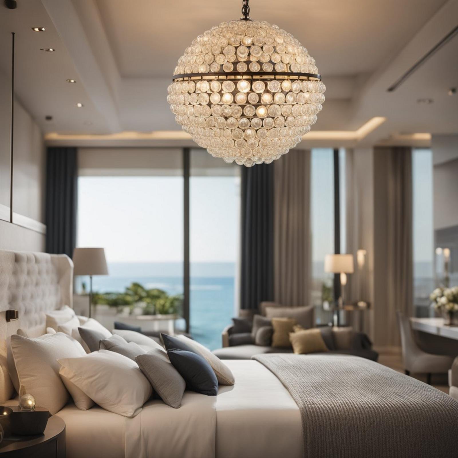 7 coastal bedroom chandelier (bright ideas) 9 A coastal bedroom with a Foucault's Orb Crystal Chandelier hanging from the ceiling, casting a warm, elegant glow over the room