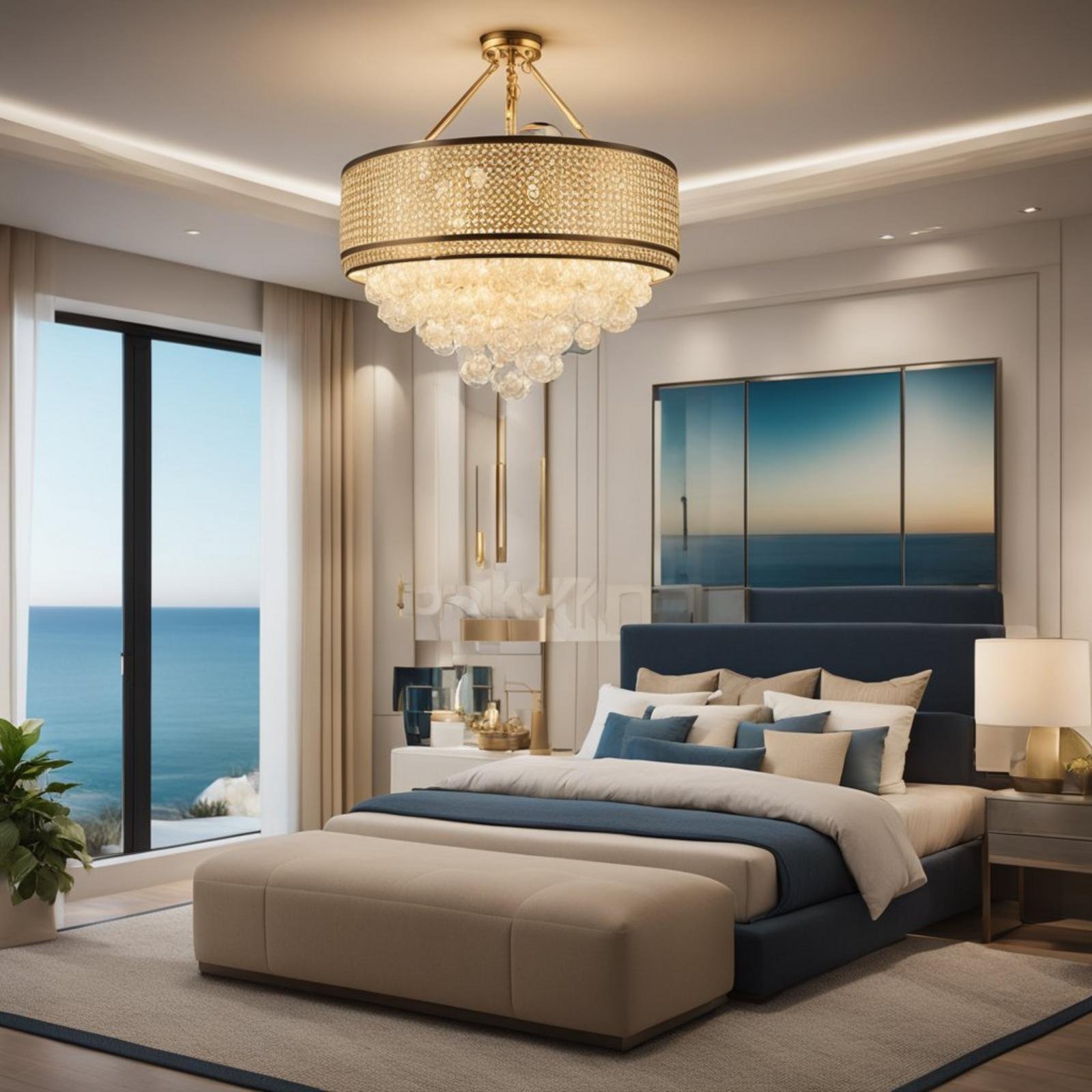 7 coastal bedroom chandelier (bright ideas) 10 A coastal bedroom with a Wayfair Illuminafferi chandelier hanging from the ceiling, casting a warm glow over the room's decor