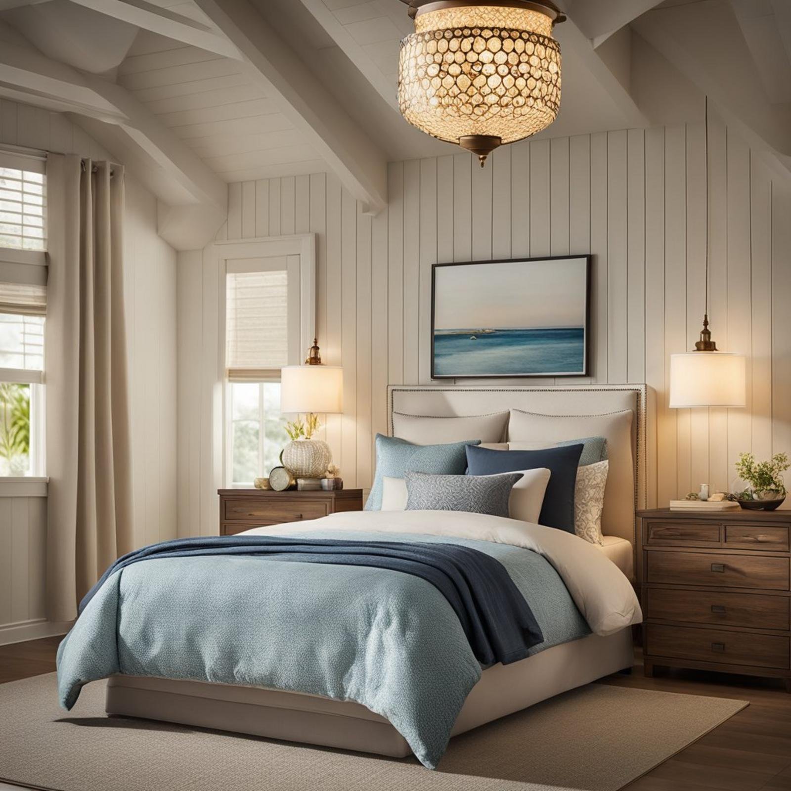 7 coastal bedroom chandelier (bright ideas) 11 A coastal-themed bedroom with a Home Depot LNC 4-Light Lantern Chandelier as the focal point, casting a warm and inviting glow