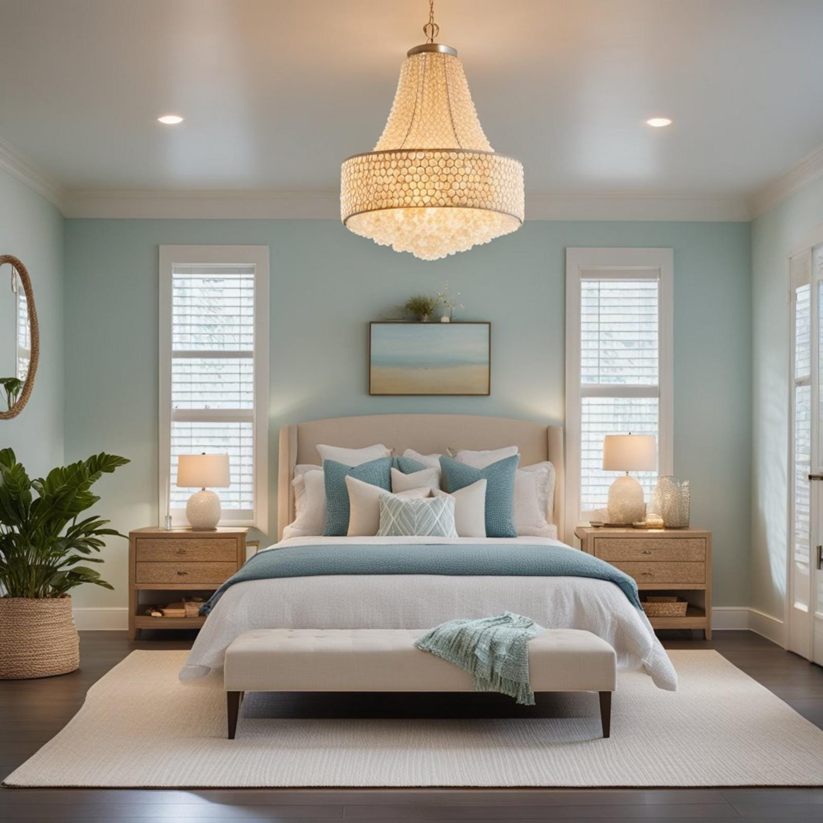 7 coastal bedroom chandelier (bright ideas) 12 A coastal bedroom with a Serena & Lily Capiz Chandelier hanging from the ceiling, casting a soft, ambient light over the room