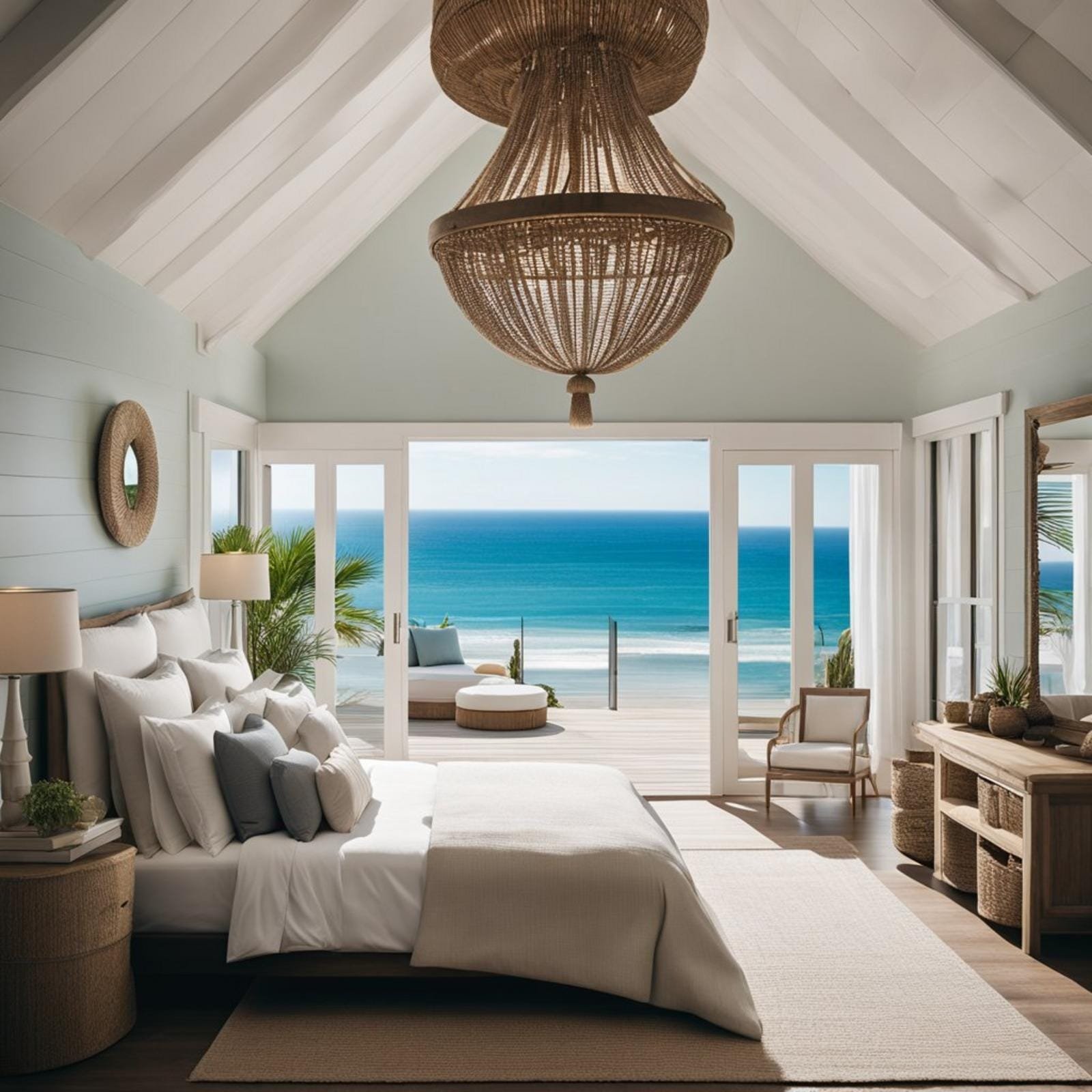 7 coastal bedroom chandelier (bright ideas) 13 A coastal bedroom with a large window overlooking the ocean, a white canopy bed, and a driftwood chandelier hanging from the ceiling