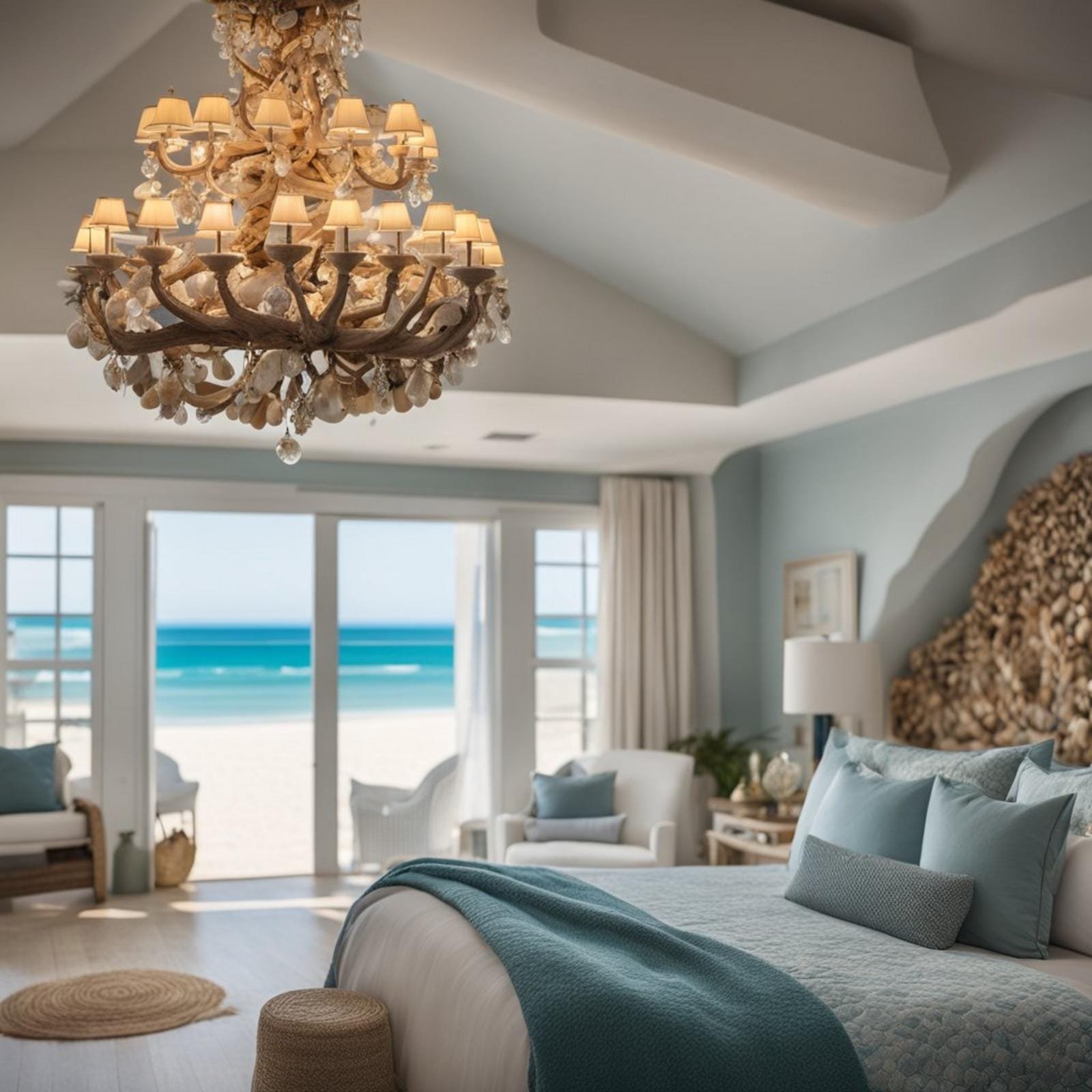 7 coastal bedroom chandelier (bright ideas) 14 A coastal bedroom with a chandelier made of driftwood and seashells, overlooking a sandy beach and the ocean