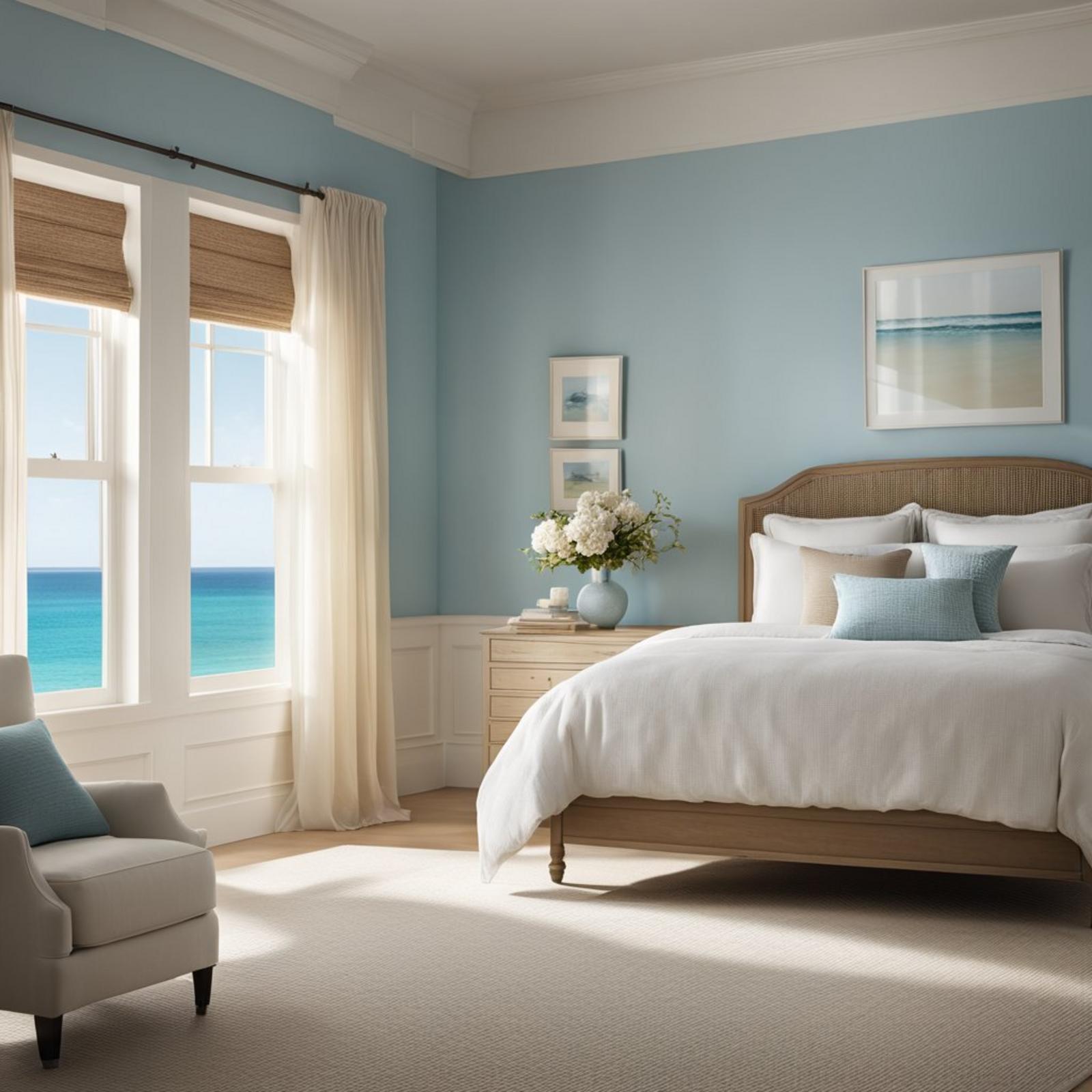 A coastal bedroom with light blue walls, white wainscoting, and sandy beige accents. A large window overlooks the ocean, with sheer white curtains billowing in the breeze