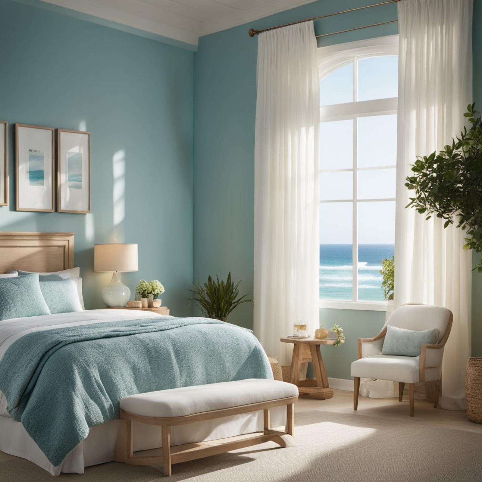 A serene coastal bedroom with sea glass blue walls, white furniture, and natural wood accents. Sunshine streams in through sheer curtains, casting a soft glow on the room