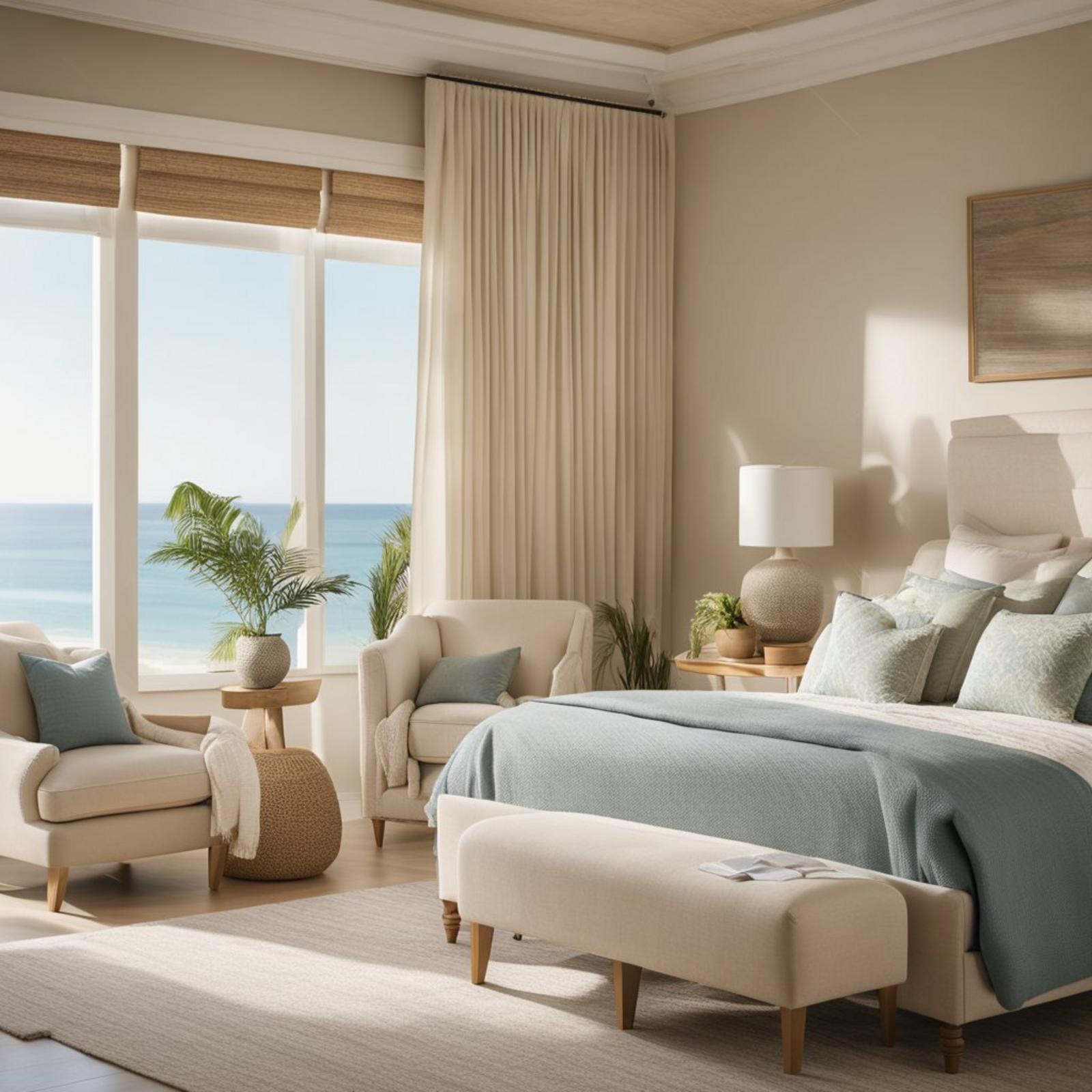 A sandy beige coastal bedroom with light-colored furniture, sea-inspired decor, and soft, natural lighting