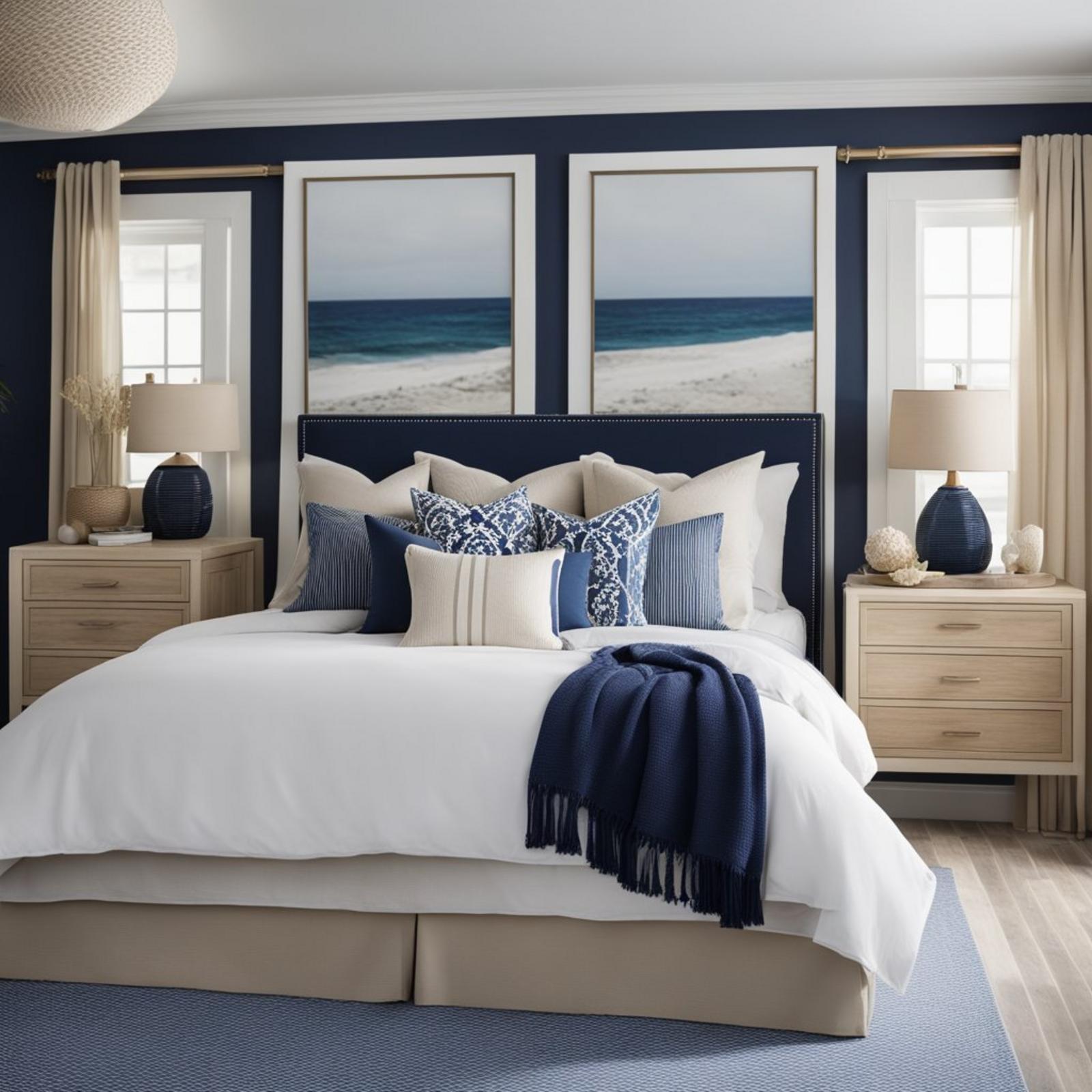 A serene coastal bedroom in nautical navy hues, with accents of white and sandy beige. The room features ocean-inspired decor and soft, natural lighting