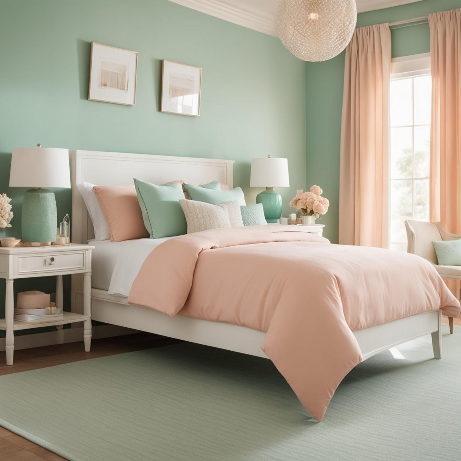 A serene coastal bedroom with coral pink walls, white furniture, and accents of seafoam green and sandy beige