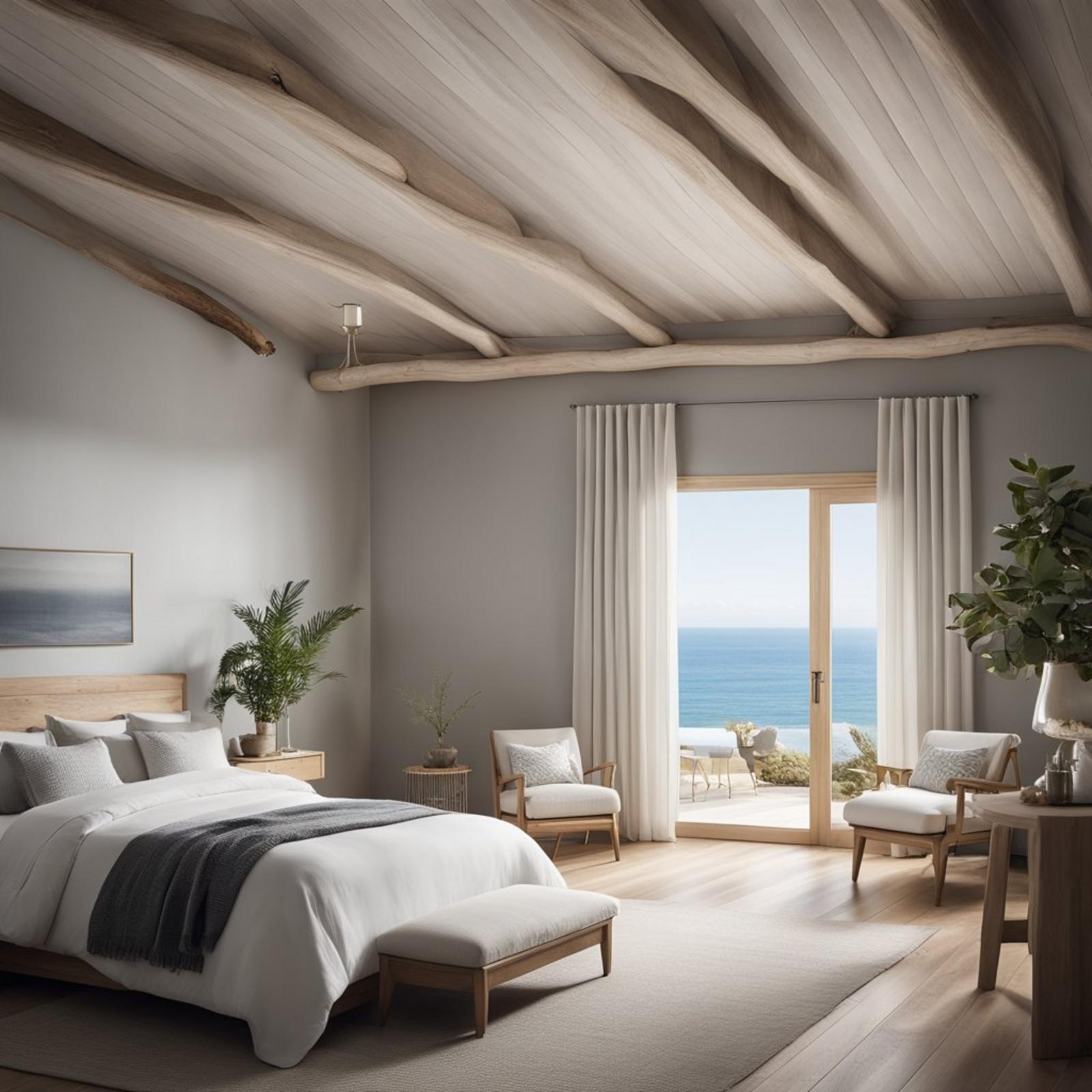 A serene coastal bedroom with driftwood gray walls, accented by soft white linens and natural wood furniture. The room is bathed in gentle, natural light from large windows overlooking the ocean