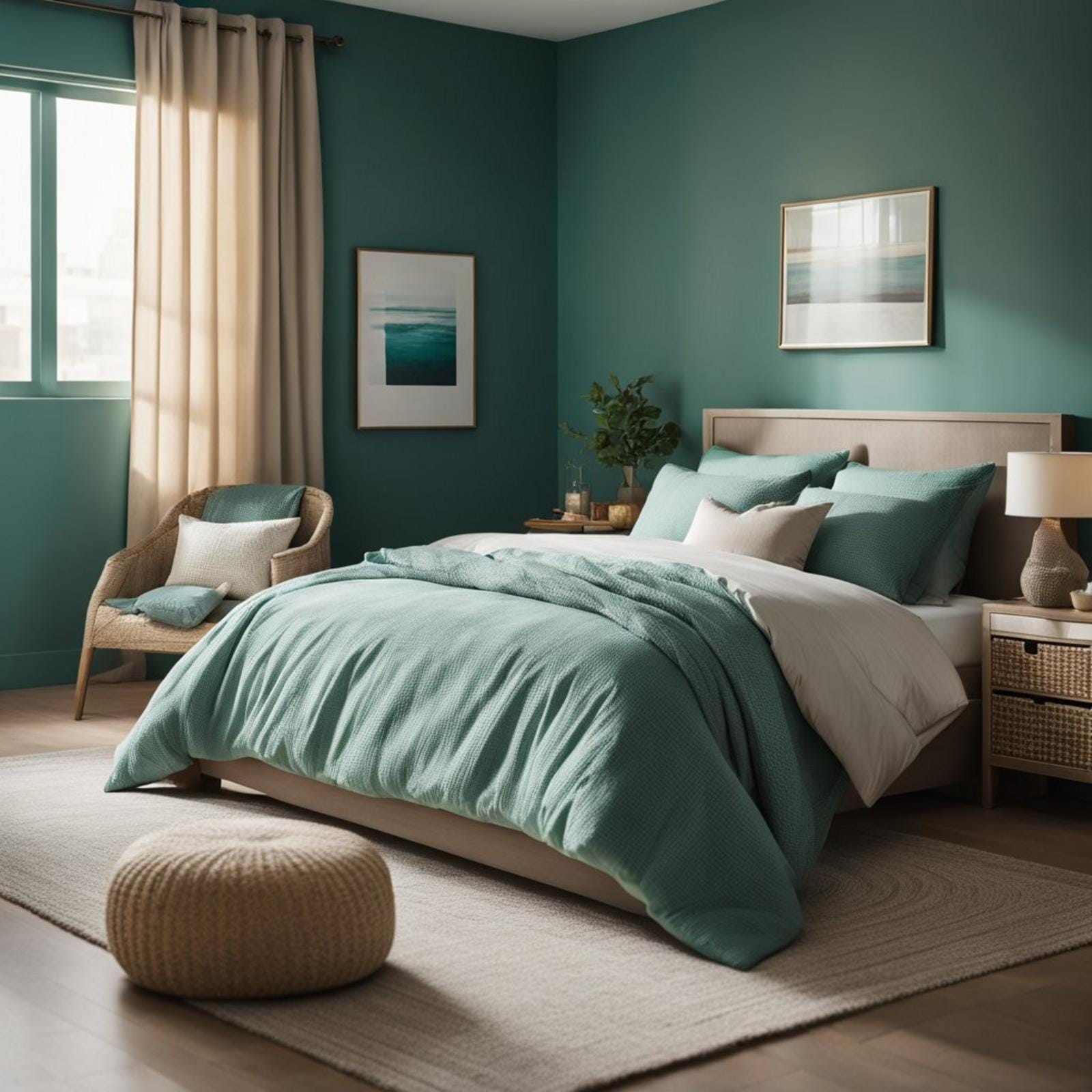 A cozy bedroom with teal walls, sandy beige bedding, and accents of seafoam green and driftwood brown. Sunlight filters through sheer curtains, casting a warm glow on the room