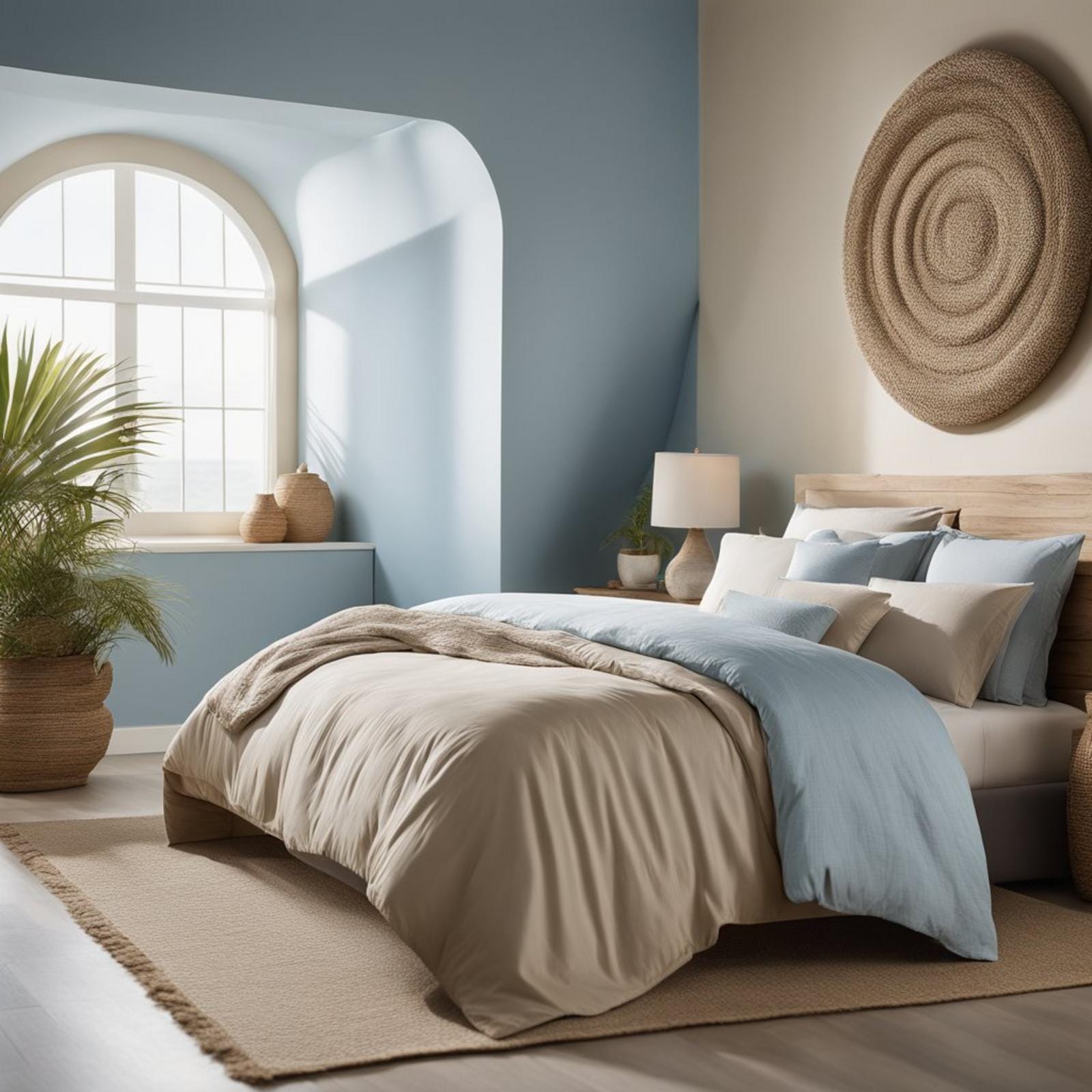 A serene coastal bedroom with soft blue walls, sandy beige bedding, and driftwood accents. The room is filled with natural light, creating a tranquil and soothing atmosphere