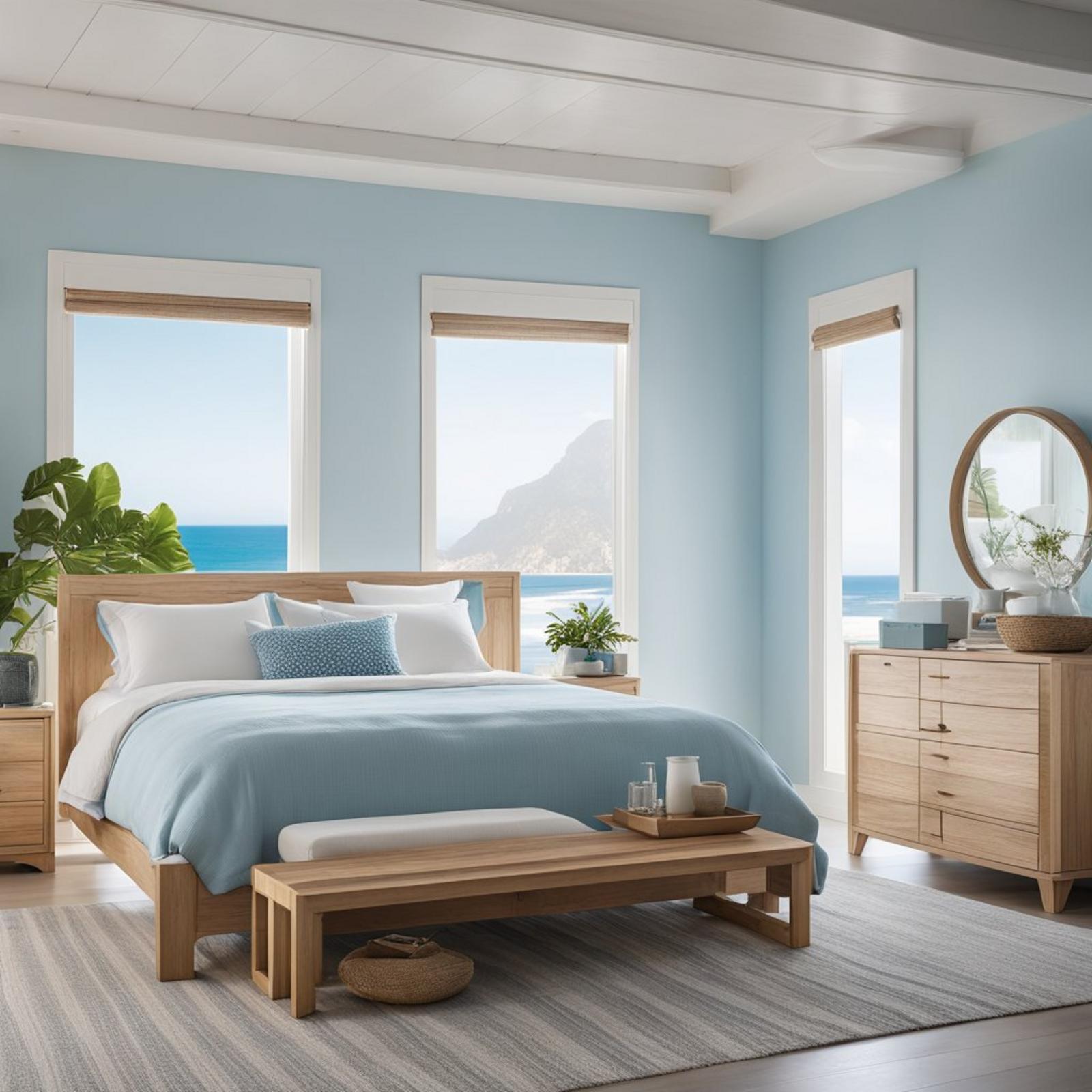A serene coastal bedroom with white walls, light blue accents, and natural wood furniture overlooking the ocean