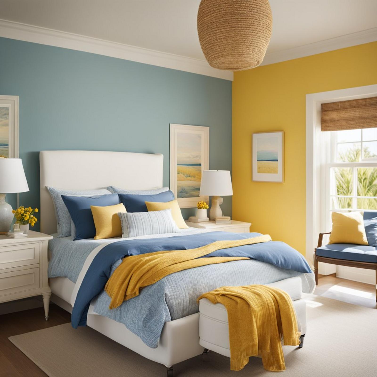 A coastal bedroom with sunny yellow walls, white furniture, and blue accents. Bright sunlight streams in through the open window, casting a warm glow over the room
