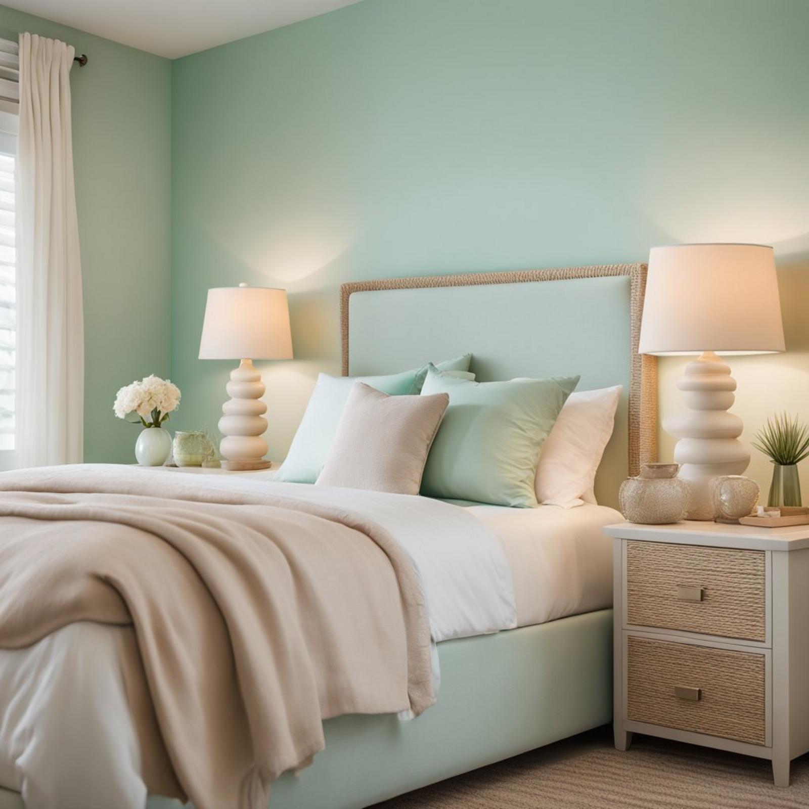 A serene coastal bedroom with seashell blush walls, light wood furniture, and accents of seafoam green and sandy beige